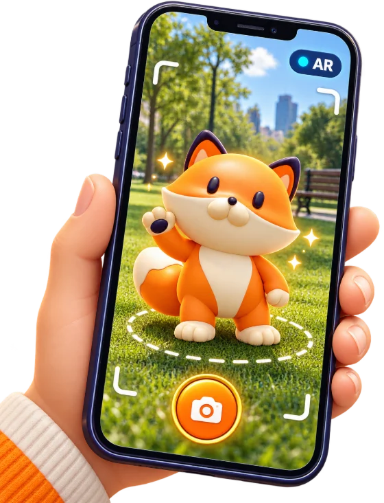 Minh hoạ game AR: linh vật cáo xuất hiện trên khung camera ngoài đời thực