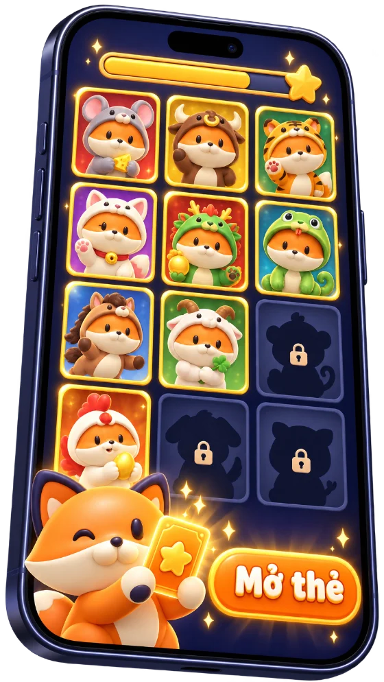 Minh hoạ game sưu tầm: album 12 nhân vật cáo con giáp, có thẻ đã mở và thẻ còn khoá
