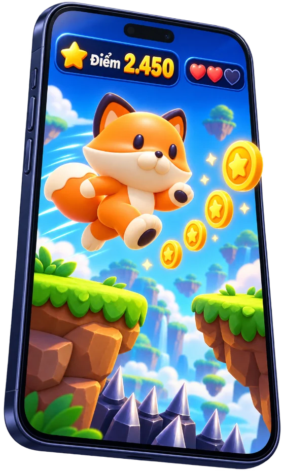 Minh hoạ game kỹ năng: cáo chạy nhảy qua các nền tảng, ăn xu, tính điểm