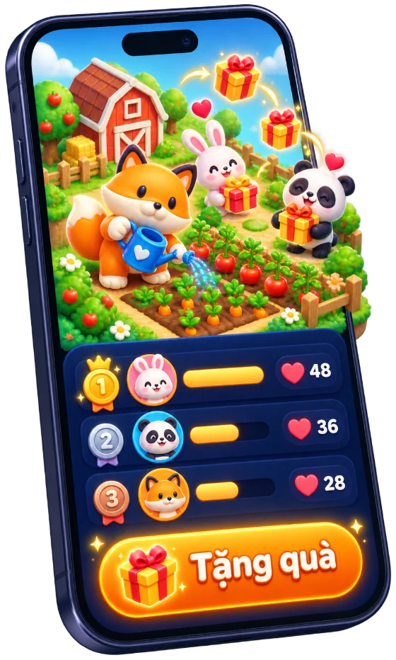 Minh hoạ game xã hội: nông trại vui vẻ, tặng quà bạn bè và bảng xếp hạng