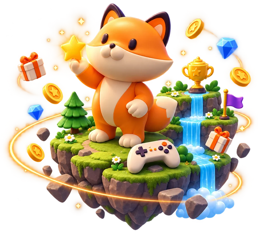 Linh vật cáo Gamefox đứng trên đảo game, cầm ngôi sao vàng
